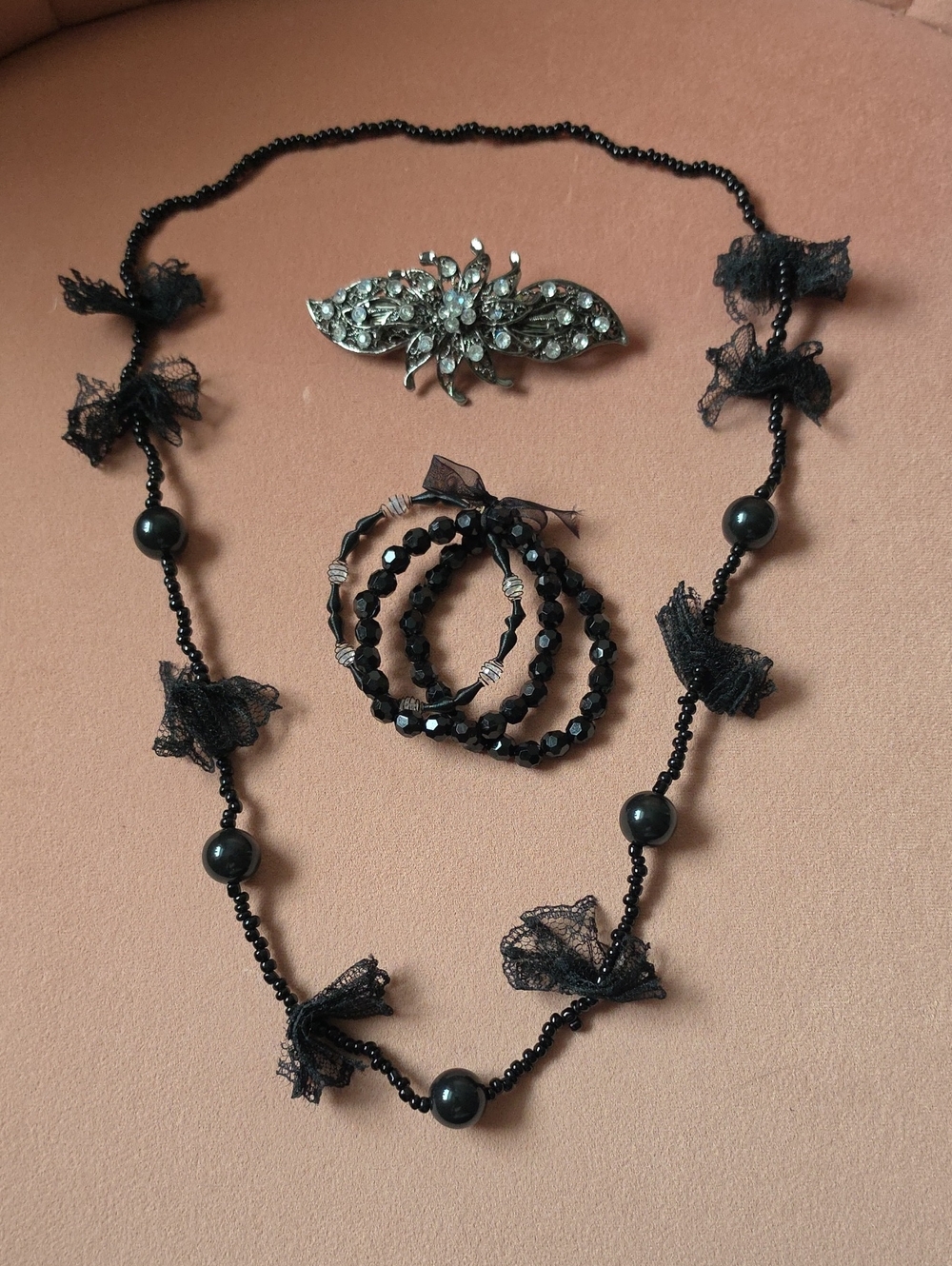 Black Beaded Lace Necklace with Matching Bracelets and Rhinestone Hair Barret